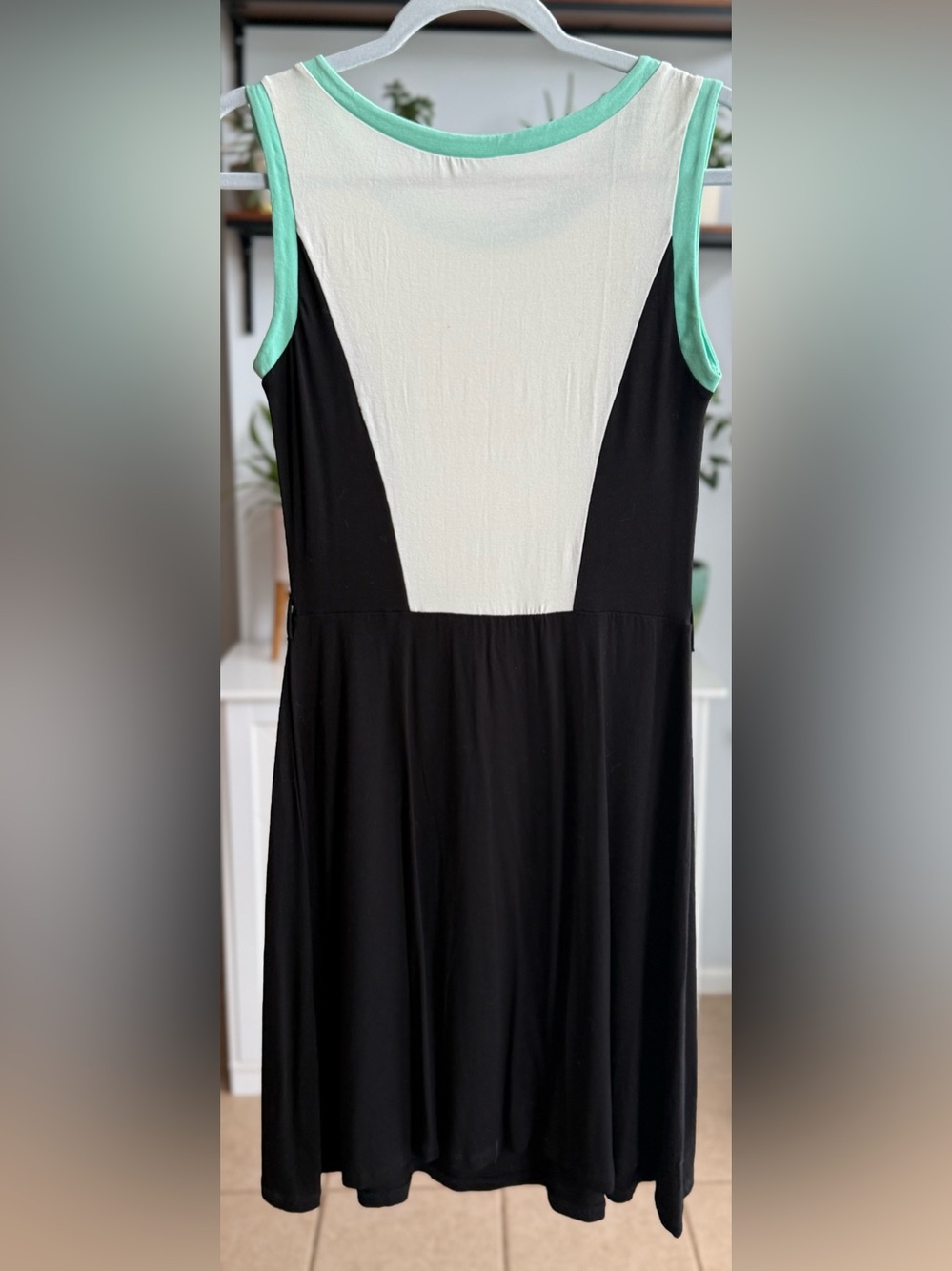Sleeveless Black Mini Dress with White Panel and Mint Trim